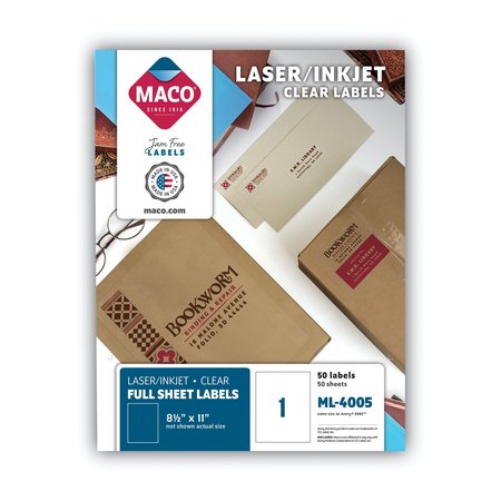 MACO Laser/Inkjet Matte Clear Full Sheet Labels, 8.5 x 11, Clear, PK50 MML-4005